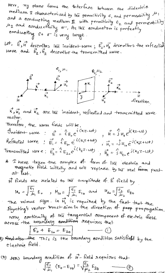 Here, plame forms the intertnee between the dielectrie medium T characteri sed by lne permihvity , and and a permeadility eon