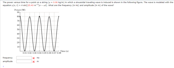 The power versus time or a point on a string μ 0.06 kg/m n which a sinusoidal traveling wave sind ce s snow in the ollowing f