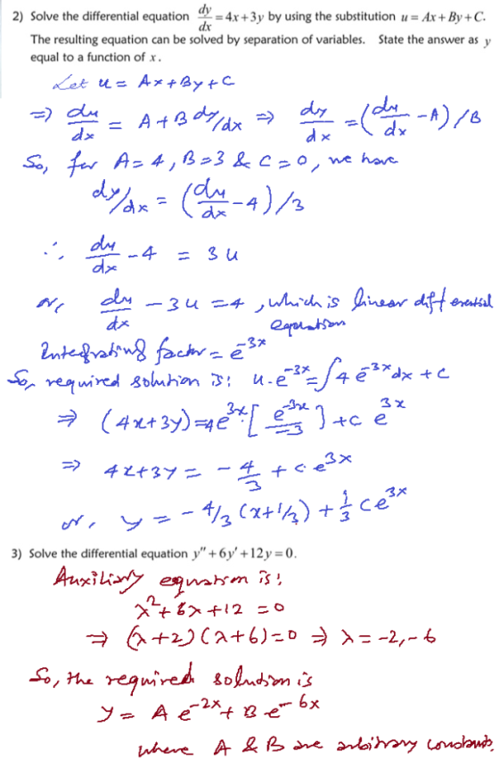2) Solve the differential equation+3y by using the substitution u-Ax+By+C The resulting equation can be solved by separation