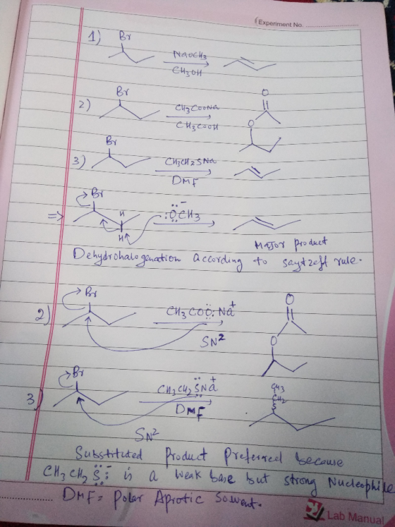 Experiment No. BY Naeehs BY 2) CUz Coona 3) Ch3 CHt z SNao DAF W MJOT Pro duct Dehydrohale geuti clording Sayze Yule ten SN2