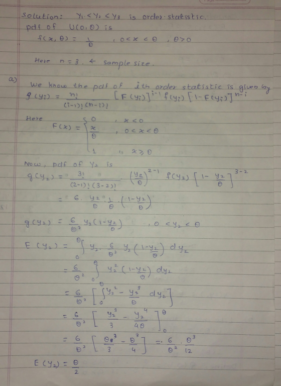 orcle) : statistic yi.<y,くy3is Solution: ex, e Here nt3.t sample size a) f ith ordder statistic is giuen o O- χで 1 220 No cus
