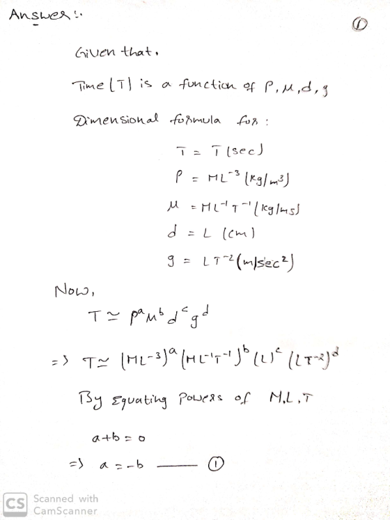 Answes Giuen that, functicn ef P, A,d,5 TimeTis Dimensiona fodmula for T sec P MI*3 HLTg Jms) =L (cm LT(sec Noo, T Md -1 a cs