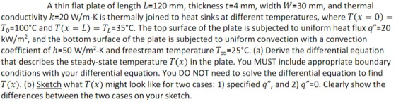 A thin flat plate of length L-120 mm, thickness t=4 mm, width W=30 mm, and thermal conductivity k-20 W/m-K is thermally joine