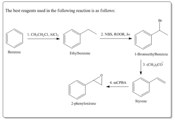 The best reagents used in the following reaction is as follows: 1.CH,CH CI, AICI, 2. NBS, ROOR, hv Benzene Ethylbenzene 1-Bro