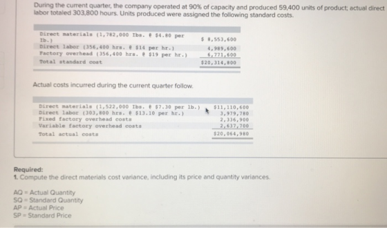 During the current quarter, the company operated at 90 % of capacity and produced 59,400 units of product; actual direct labo