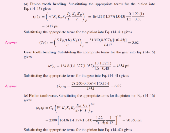 (a) Pinion tooth bending. Substituting the appropriate terms for the pinion into Eq. (14-15) gives -- (w.K.N.) 10 1.22 (1) B
