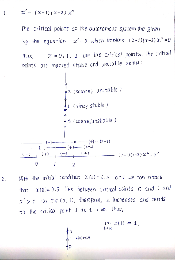 1 The cyitical points of the autonomous system àre given x0 which implies (x-1)(x-2) x2 -0. by the equation are the critical