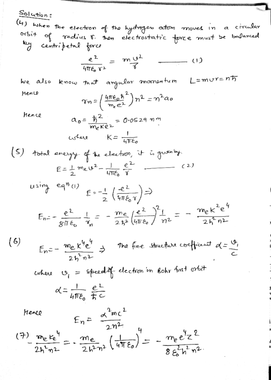 Solon: 너) when The electron orbit e must be balancaot raduus 5. on electrostatic centri betal kerer de e Hen ce 2. η = O.OS 2
