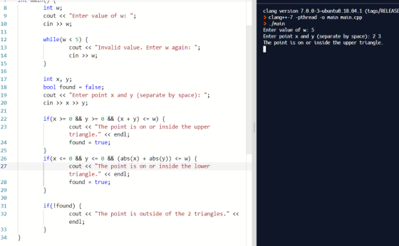 int w; cout << Enter value of w: ; clang version 7.8.9-3-ubuntu. 18.04.1 (tags/RELEASE 9 clang++-7 -pthread -o main main.cp