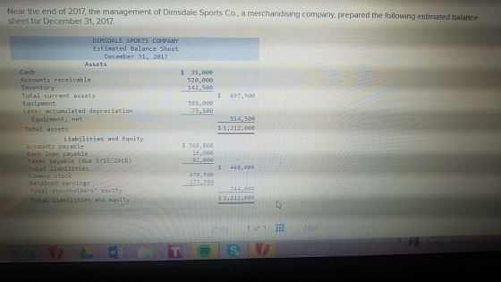Near the end of 2017, the management of Dimsdale Sports Co., a merchandising company, prepared the following estimated balanc