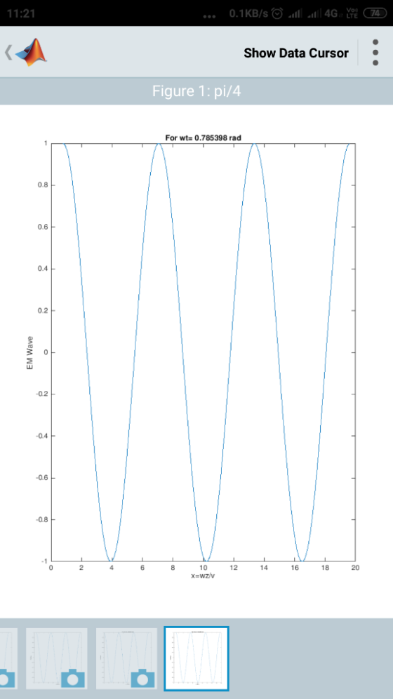 11:21 Show Data Cursor Figure 1: pi/4 For wt-0.785398 rad 0.8 0.6 0.4 0.2 0.2 0.4 0.6 0.8 18 20 16 14 12