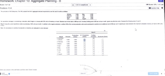 Homework: Chapter 13: Aggregate Planning-B Problem 136 800100