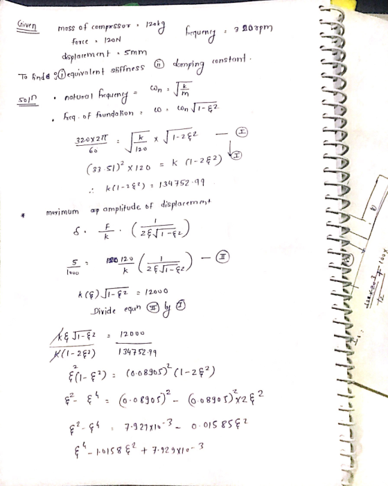 Caiven mass of compxSSoT force 120N dsplarem en Smm constont domying To findd equivalent shffness Con natusa hm uos con -2 Fr