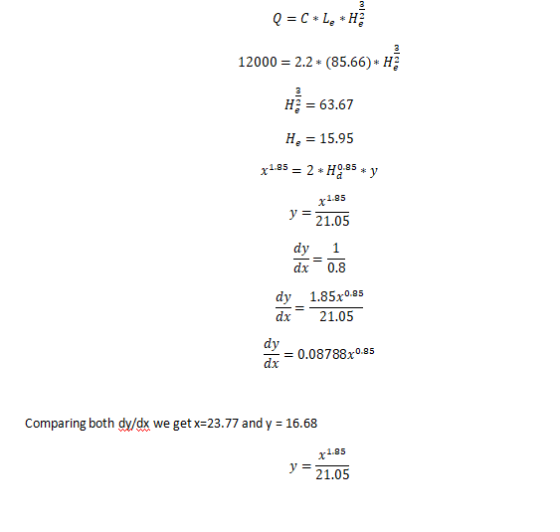 12000 = 2.2 * (85.66) * H. H2 = 63.67 H 15.9!5 x1.85 = 2 * H2.85 * y y21.05 dy 1 dx 0.8 dy 1.85x05 dx 21.05 dy ax = 0.08788xo