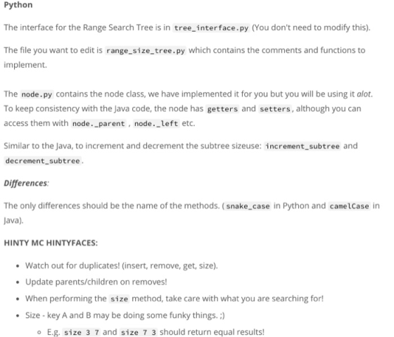 Python The interface for the Range Search Tree is in tree_interface.py (You dont need to modify this). The file you want to
