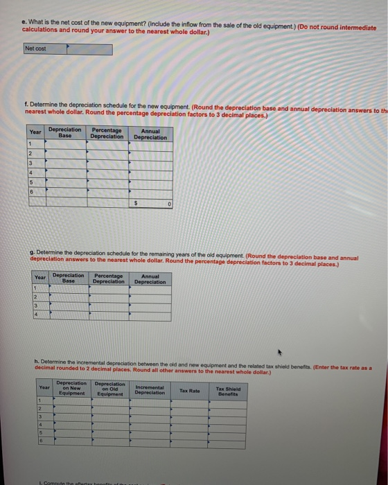 e. What is the net cost of the new equipment? (Include the inflow from the sale of the old equipment.) (Do not round intermed