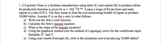 1. (15 points) There is a furniture manufacturer using labor (L) and capital (K) to produce tables. Its production function i