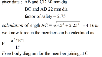 given data: AB and CD 30 mm dia BC and AD 22 mm dia factor of safety-2.75 calculation of length AC 3.52 +2.2524.16m we know f