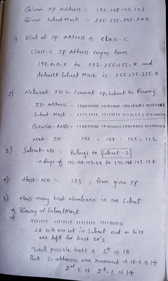 Given Ip Addvess 192.168.145.123 Subnit Marke Given 255. 253. 255.240 Kind of Ip. Addvess C Lass- c Clais-c JP Ad dres Yoryes