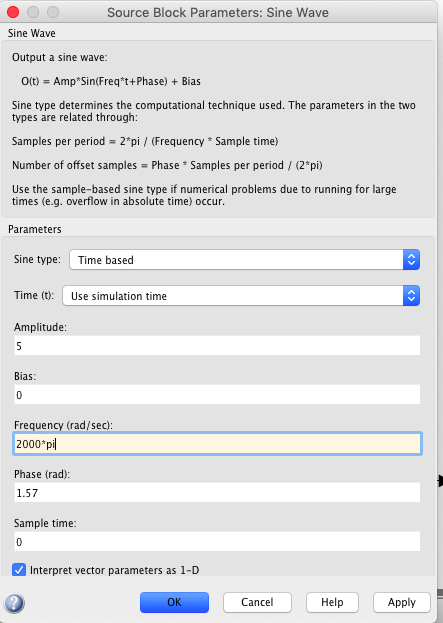 Source Block Parameters: Sine Wave Sine Wave Output a sine wave Olt) Amp Sin(Freq*t+Phase) Bias Sine type determines the comp