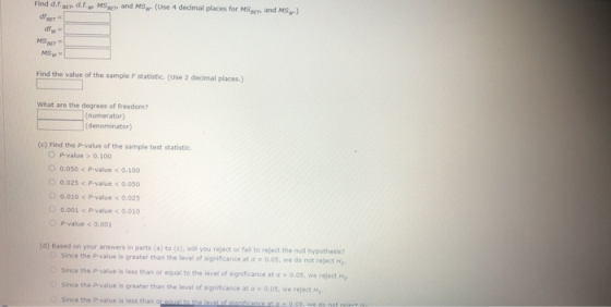 Find d.f ㅲ d.fw MSBET, and MSW (use 4 decimal places for MSsm and MS..) MSw Find the value of the sample F statistic. (Use 2