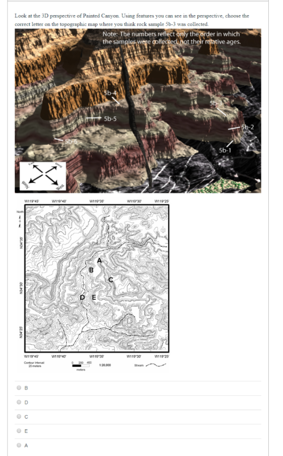 Look at the 3D perspective of Painted Canyon. Using features you can see in the perspective, choose the correct letter on the