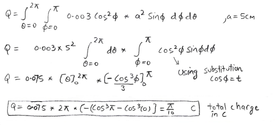 27 a2 Sind dde 0-003 (os2 a=SCM 27 0 003 x S 2. do Using substitution -Cos 3 2K o-075 total charge in C Q= o07S27x «(-Cos- Co