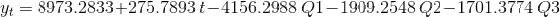 yt = 8973.2833+275.78931-4156.2988 Q1-1909.2548 Q2-1701.3774 Q3
