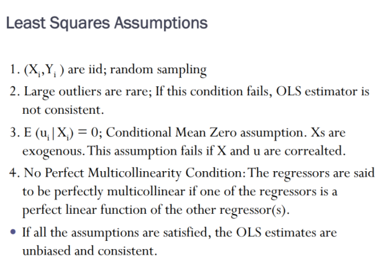 Least Squares Assumptions 1 ·(XiÝ, ) are iid; random sampling 2. Large outliers are rare; If this condition fails, OLS estima