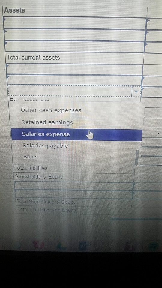 Assets Total current assets Other cash expenses Retained earnings Salaries expense Salaries payable Sales Total liabilities S