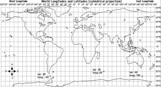 West Longitude World Longitudes and Latitudes (cylindrical projection) East Longitude 1 180 170 160 150 140 130 120 110 100 9