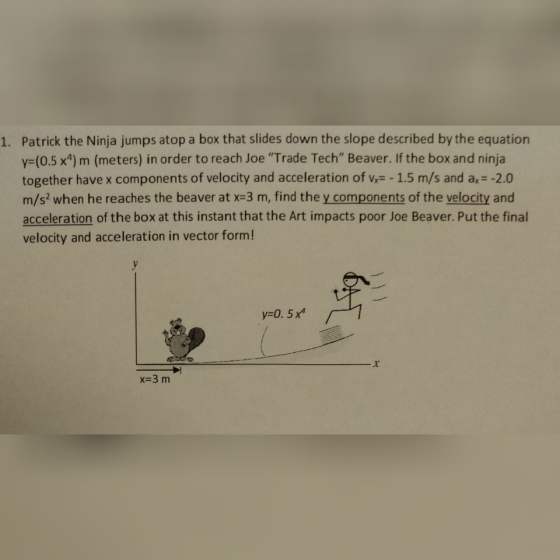 Patrick the Ninja jumps atop a box that slides down the slope described by the equation y=(0.5 x4) m (meters) in order to rea