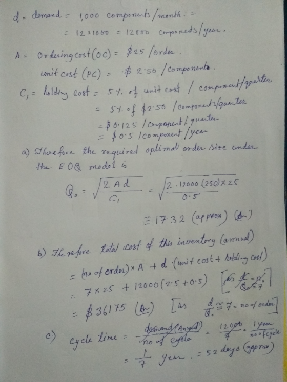 d. demand 1000 compts/mentk mit cest (PC) C- halde 串2.56 / Cornponra unit est o) chaepe the reguired oplimadi ordu siee emder