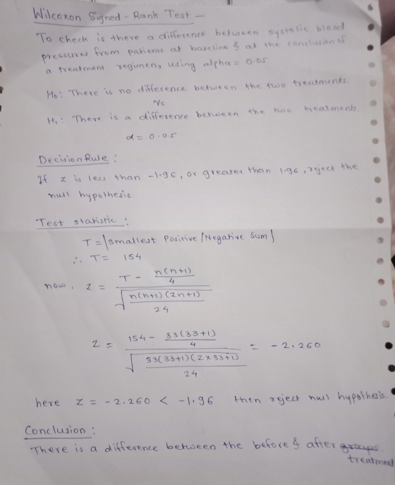 coxon Signed Rank Test To check is-there a difference between systn 1İC bloc pressures rom pakents at baseline & a the conclu
