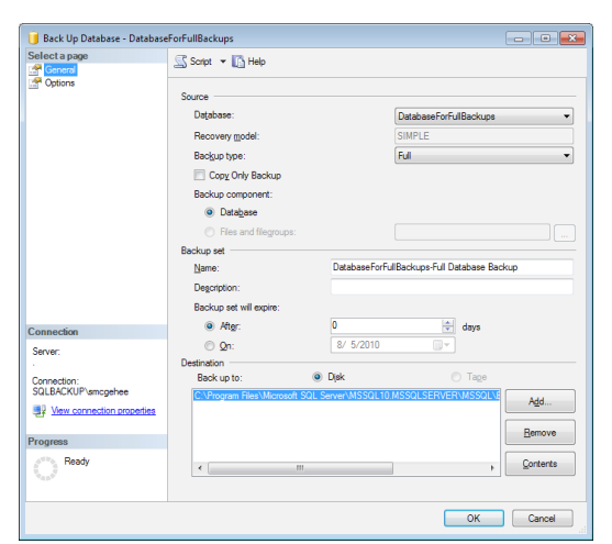 Back Up Database- DatabaseForFullBackups Select a page Scipt Options Source Recovery model Backup type Ful Copy Only Backup B
