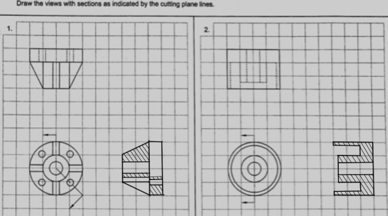 Draw the views with sections as indicated by the cutting plane lines 1. 2.