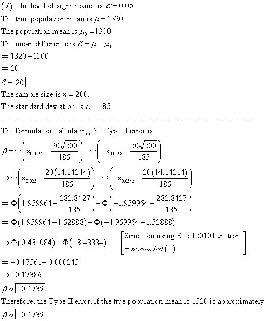 d) The level of significance is α=0.05 The true population mean is μ 1320 The population mean is μ0 1300 The mean difference