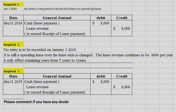 Required 1 No entry is required to record the lease on operating lease Jan 1 2018 Date General Journal debit Credit dec31 201