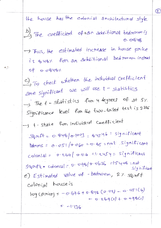 2 从e house hasthe colonial anchitectum af style The coefficient ofoal hednoom is us, the estimafed incnease in house pnike つん