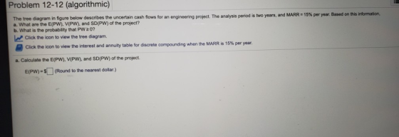 Problem 12-12 (algorithmic) The tree diagram in figure below describes the uncertain cash flows for an engineering project. T