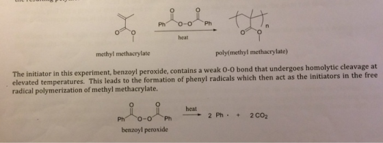 heat poly(methyl methacrylate methyl methacrylate The initiator in this experiment, benzoyl peroxide, contains a weak 0-0 bon