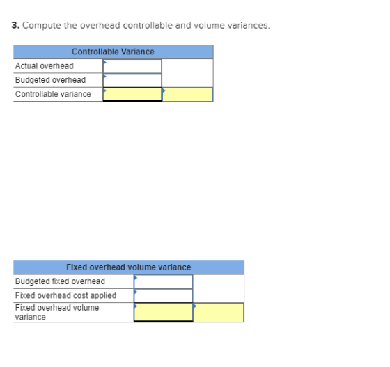 3. Compute the overhead controllable and volume variances. Controllable Variance Actual overhead Budgeted overhead Controllab