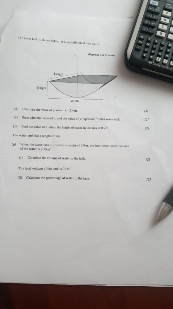 0 The water tank is shown below. It is partially filled with water ydiagram not to scae Length Height Width (d) Calculate the