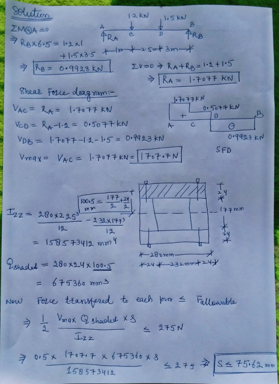 olution 12 kN 1.5 KN ZMOA o ARB FRA RAx6.5=12x tlmkrSnt 3m- +1.5x3.5 EV0RA+Ra = 1.2+ 15 RB = O.9923 KN RA 1.7077 KN Shear Fo