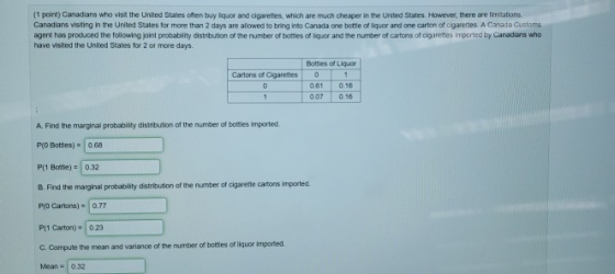 1 point) Canadians who visit the United States often buy liquor and cigarettes, which are much cheaper in the United States.
