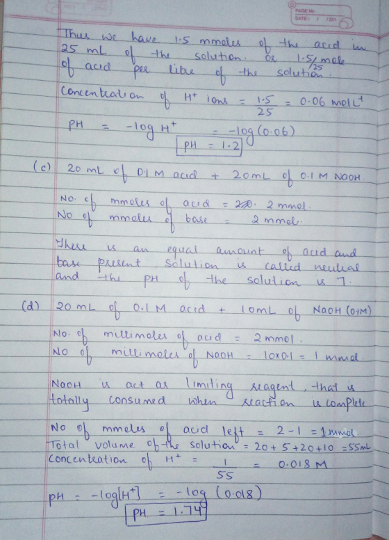 PAGE No DATE: 0 SLm 25 acad tibuo th soluba 0.06 moiu (e) 20 ml cL Dim acid + 20mL С О.IM.NO2H andth PH (d) 20 mL NooHu act a