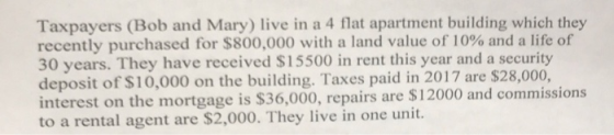 Taxpayers (Bob and Mary) live in a 4 flat apartment building which they recently purchased for $800,000 with a land value of