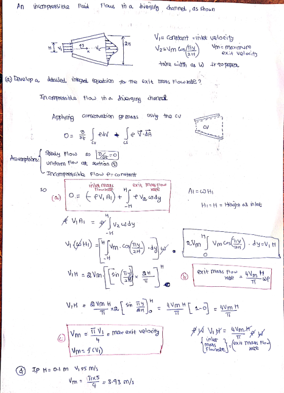 nrel , as Shoun exit Velocity 2け Applying conse Nation mass osirg the cv CS CV exit Mass Fioe SO 片 Vi li 2 exit mass F 4VmH m