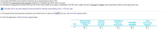 An amount of $15,000 is borrowed from the bank at an annual interest rate 12% h Calculate the repavment amounts if the loan (