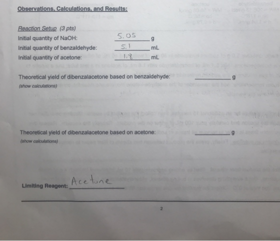 Its bs Reaction Setup (3 pts) S. OS Initial quantity of NaOH: S. I Initial quantity of benzaldehyde: mL Initial quantity of a
